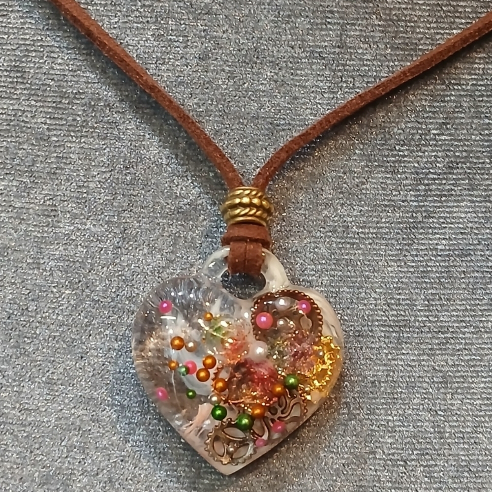 Handcrafted Brown Leather Heart Pendant Necklace with Multicolor Accent